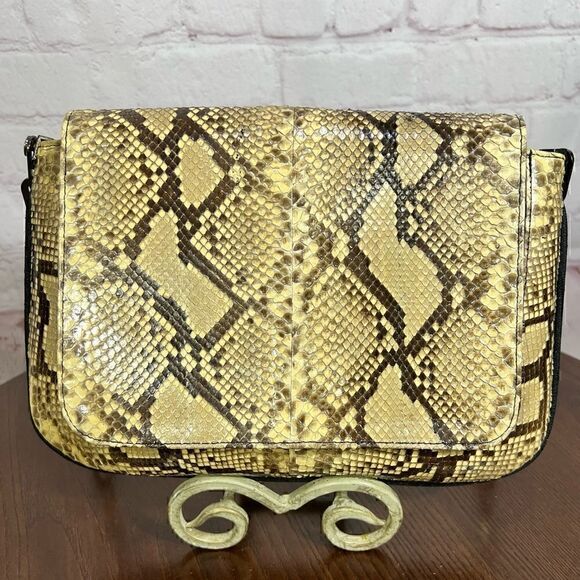 STUART WEITZMAN PYTHON SNAKESKIN & linen shoulder bag gunmetal chain strap - Picture 3 of 12